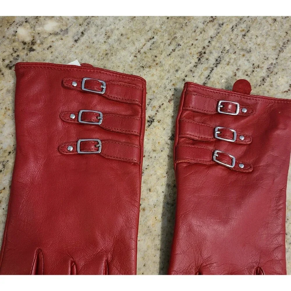 Merona Womens Size S/M Red Leather Lined Winter Gloves 3 Buckle Accent